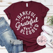 Load image into Gallery viewer, Thankful Grateful Blessed White Font Graphic Tee