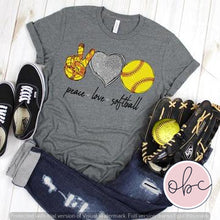 Load image into Gallery viewer, Peace, Love, Softball Graphic Tee